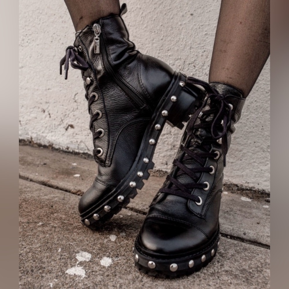 SCHUTZ ANDREA Leather Waterproof Combat Boot, Lug Sole, Metal Studs, Size 10